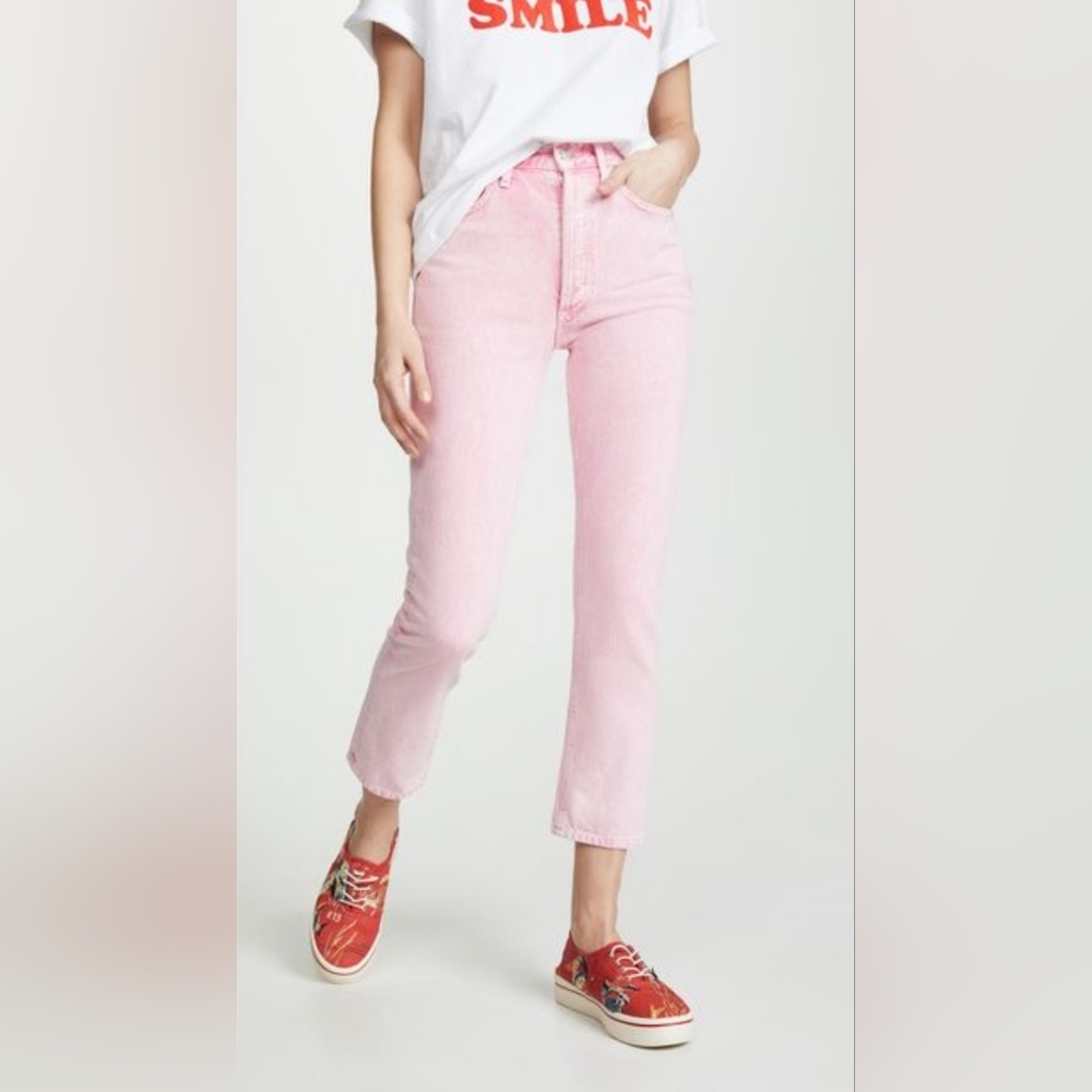 AGOLDE Riley High-Rise Straight Crop Jeans Potion Pink Distressed
